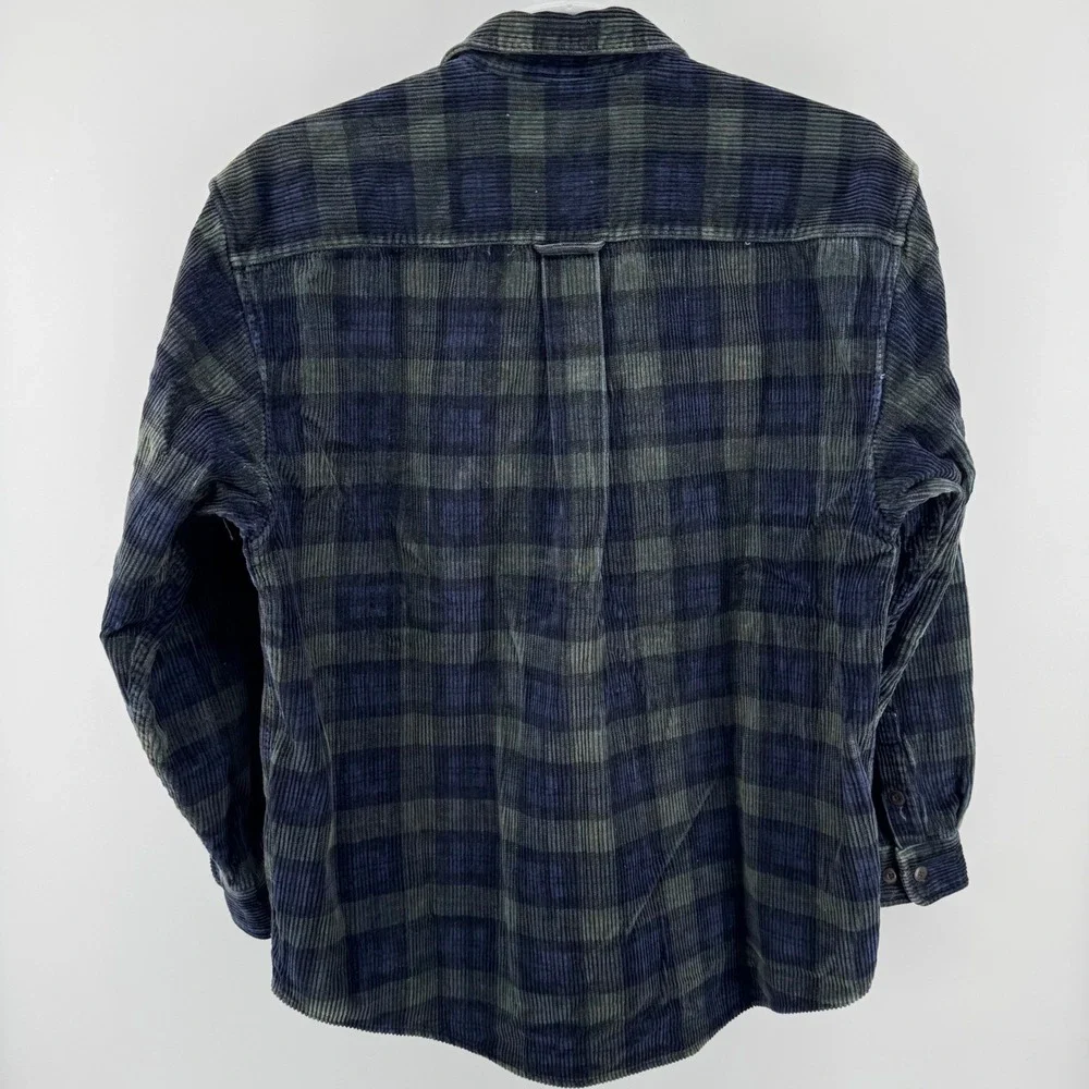 Eddie Bauer Corduroy Shirt Mens Large Blue Green Plaid Long Sleeve Button Down